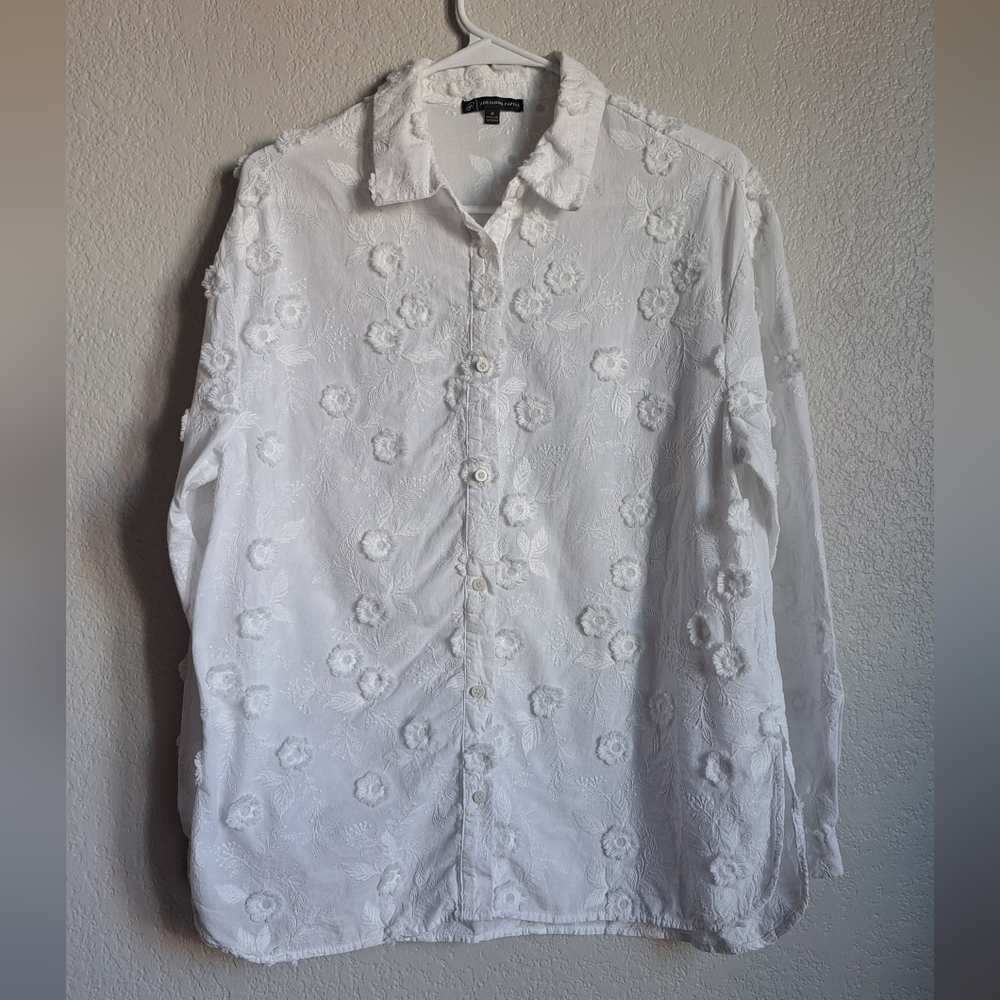 Adrianna Papell White Textured Monochrome Embroidered Floral Blouse Size Medium